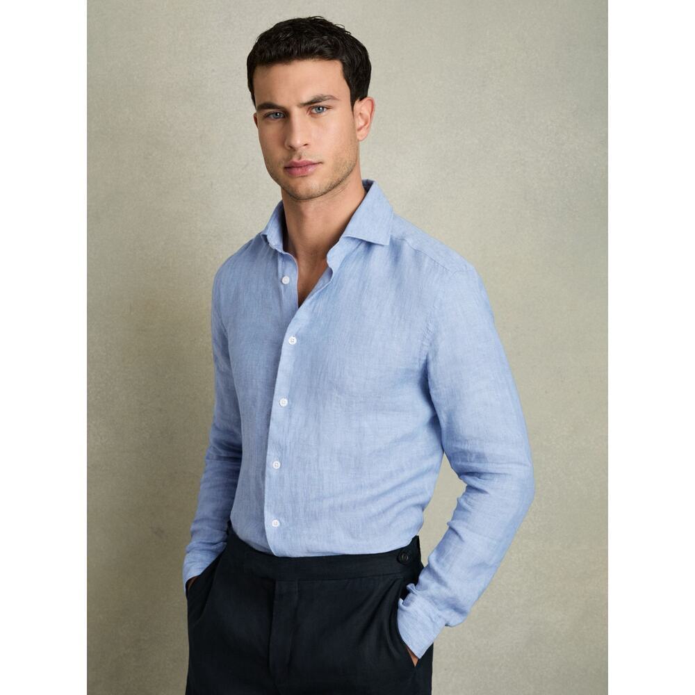 Reiss Linen Button-Through Shirt in Sky Blue Size Medium Slim Fit 100% linen